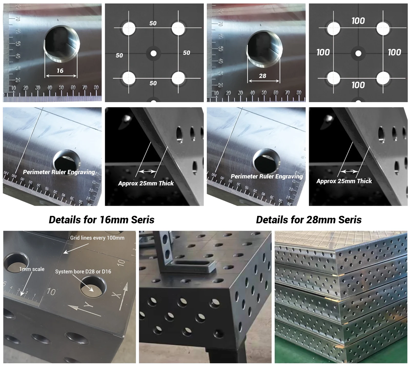 Close-up comparison of 16 mm and 28 mm welding table hole details