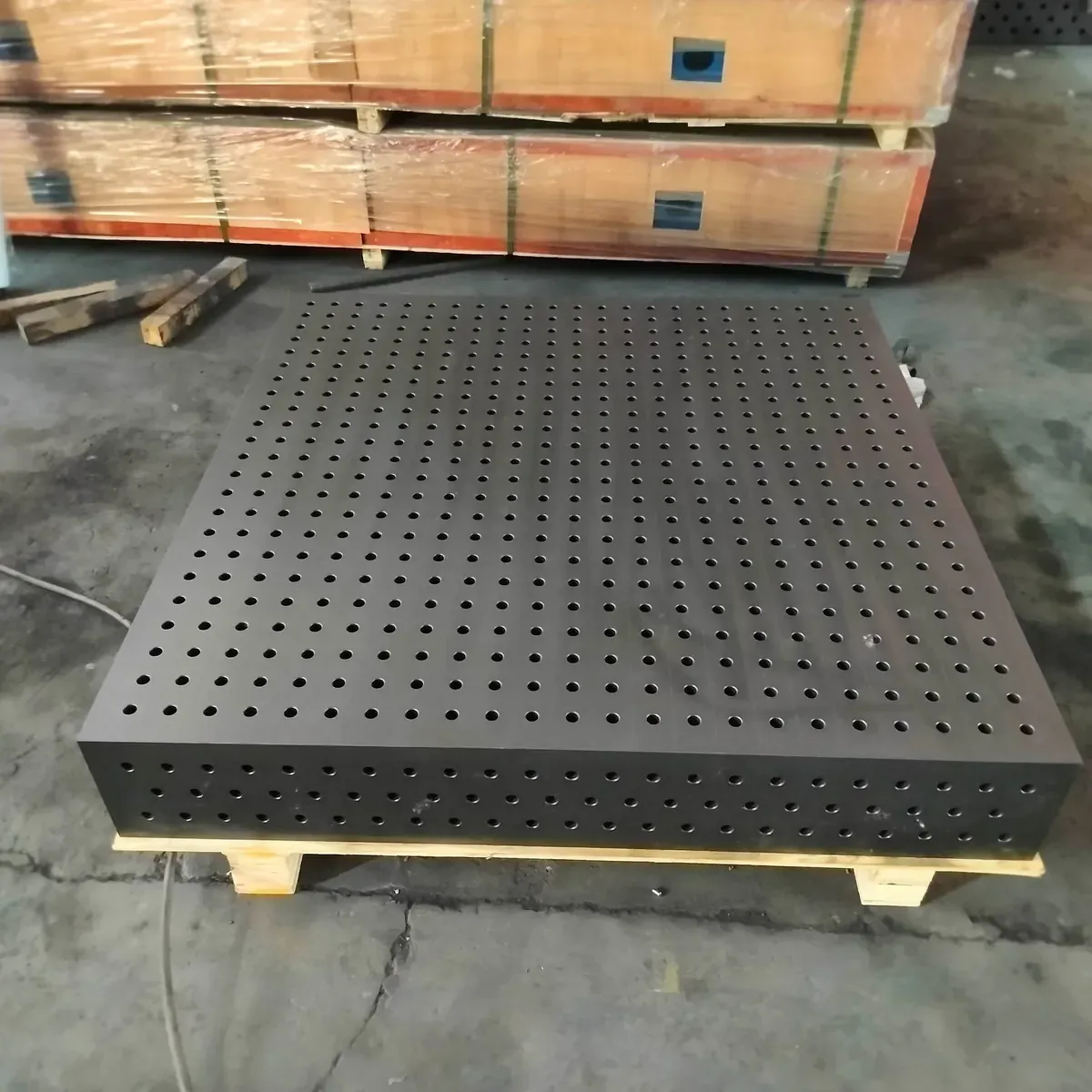 Black nitrided steel 3D welding platform prepared for shipment